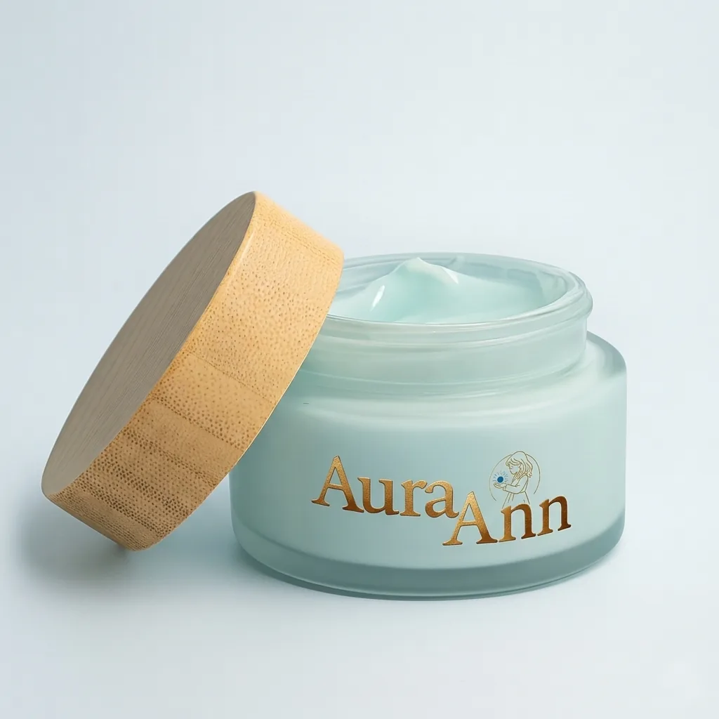 Frosted blue-green AuraAnn Mineral Cream jar with the bamboo lid resting against it